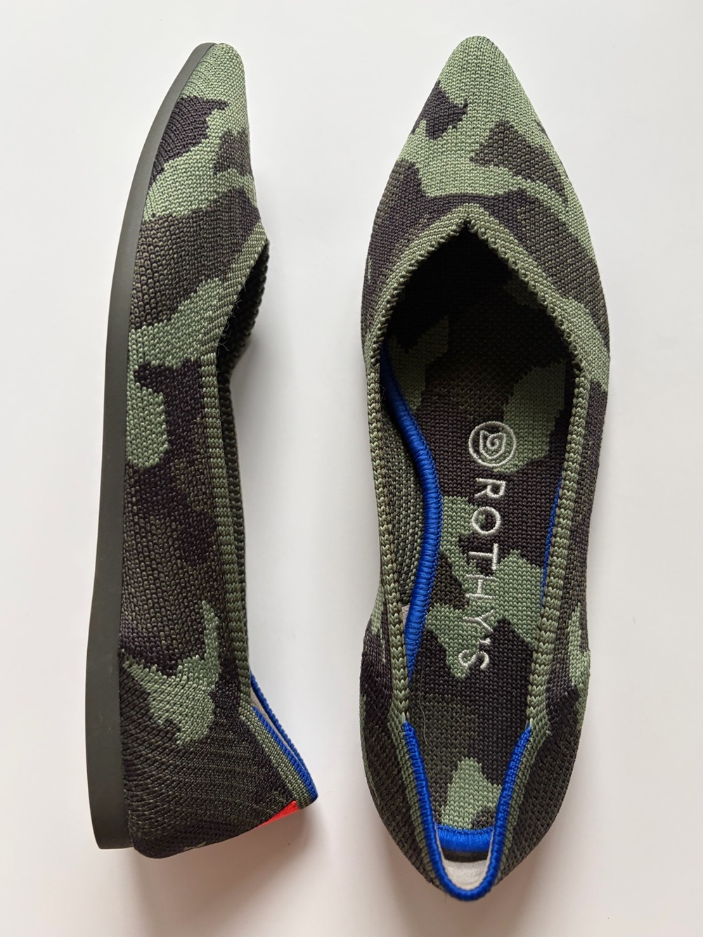 Rothy's The Point flats in olive green camo. Size: 6.5. NWOT!